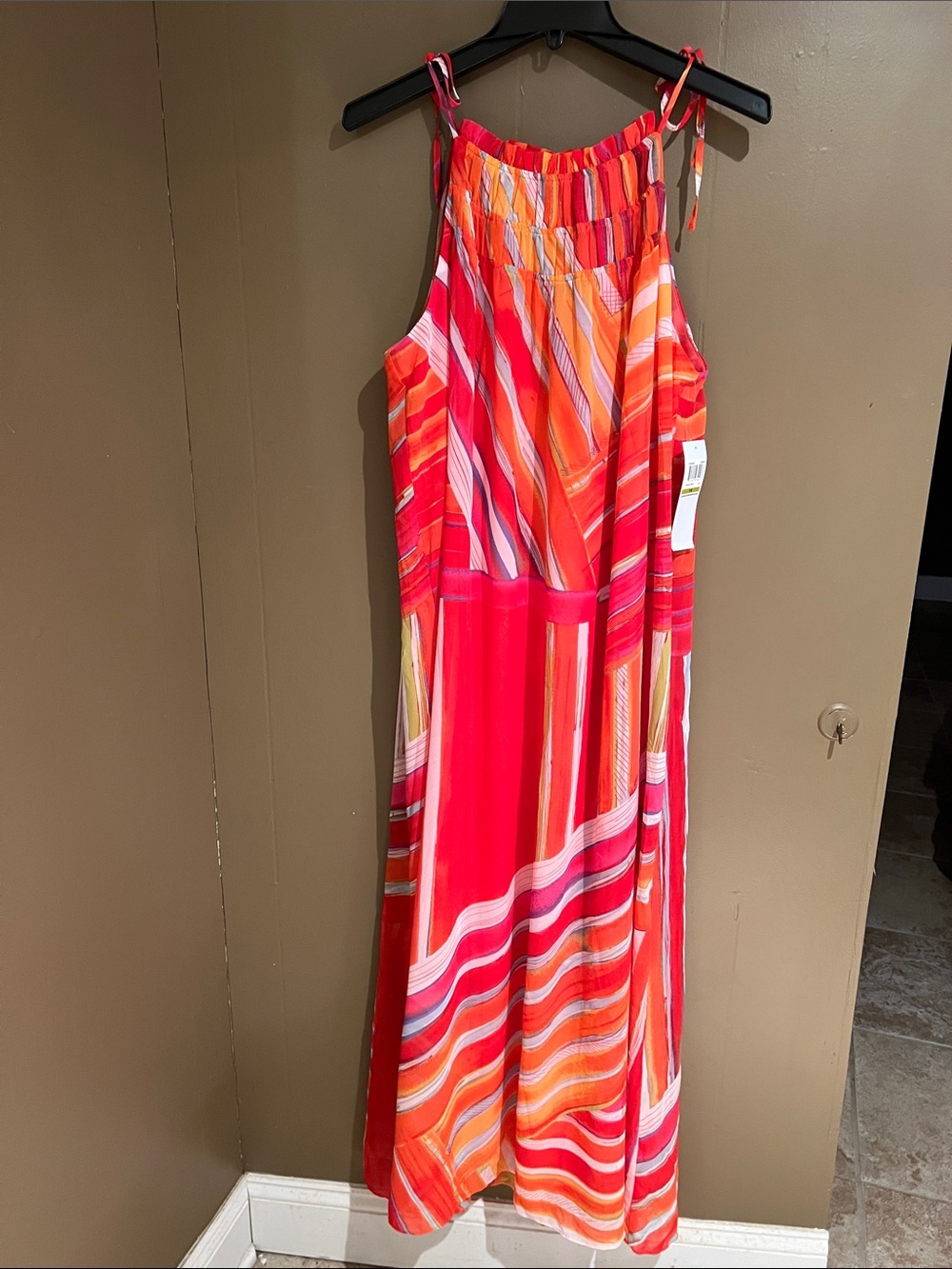 London Times Vibrant Striped Halter Maxi Dress in Red & Orange Sz 14 NEW